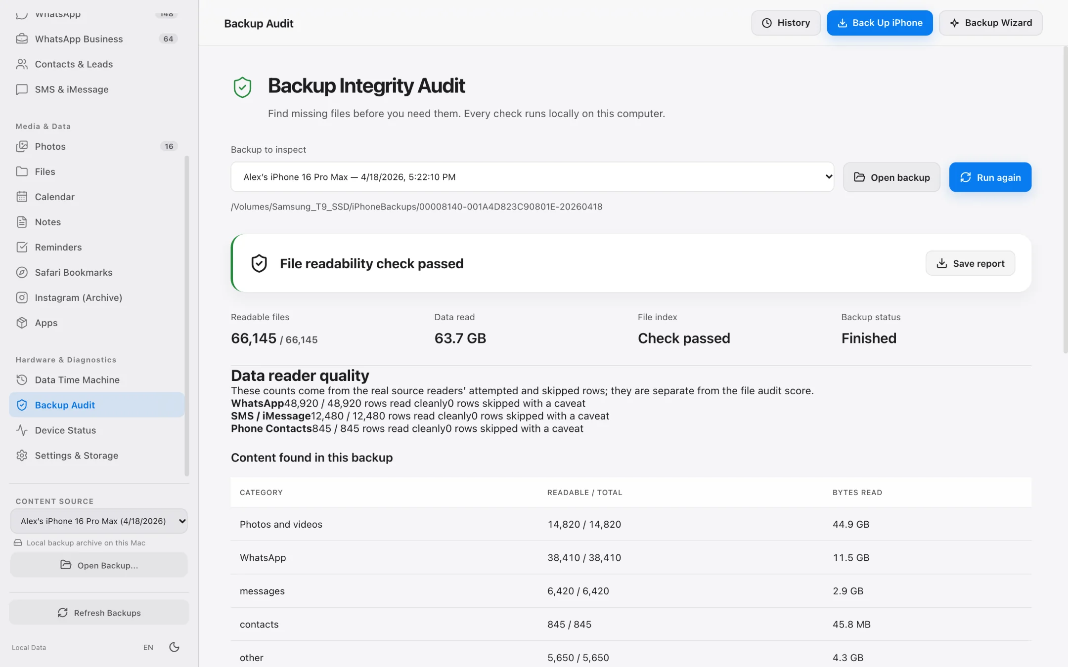 iPhone Data Manager backup health check and Data Time Machine comparison on macOS