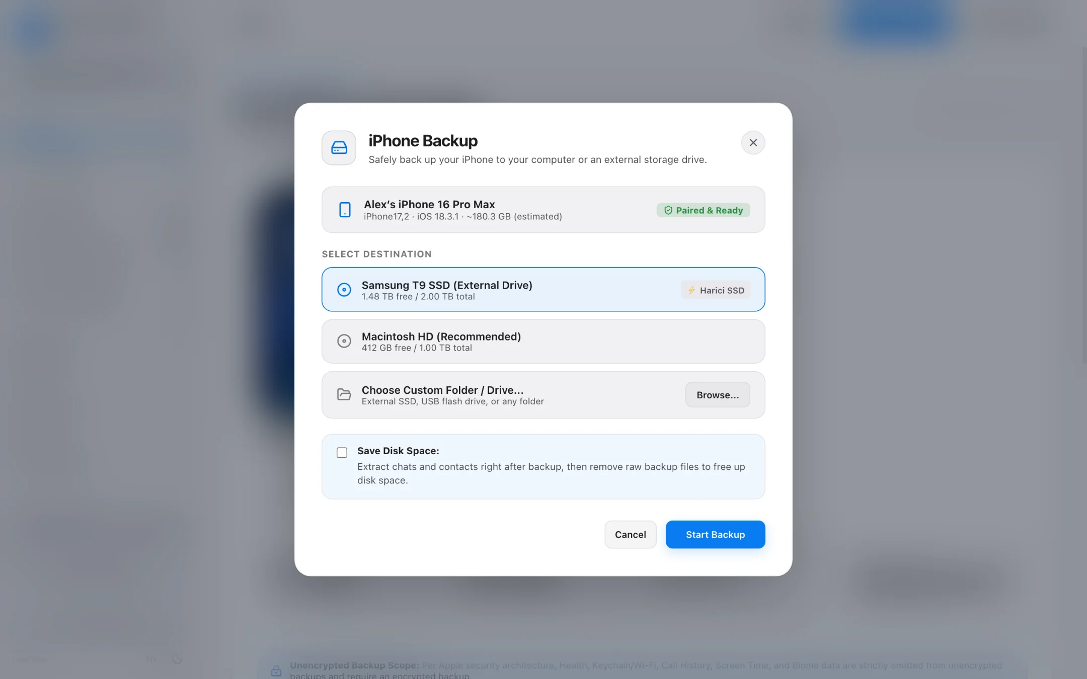 Local backup configuration showing External Drive destination and Lean Mode toggle