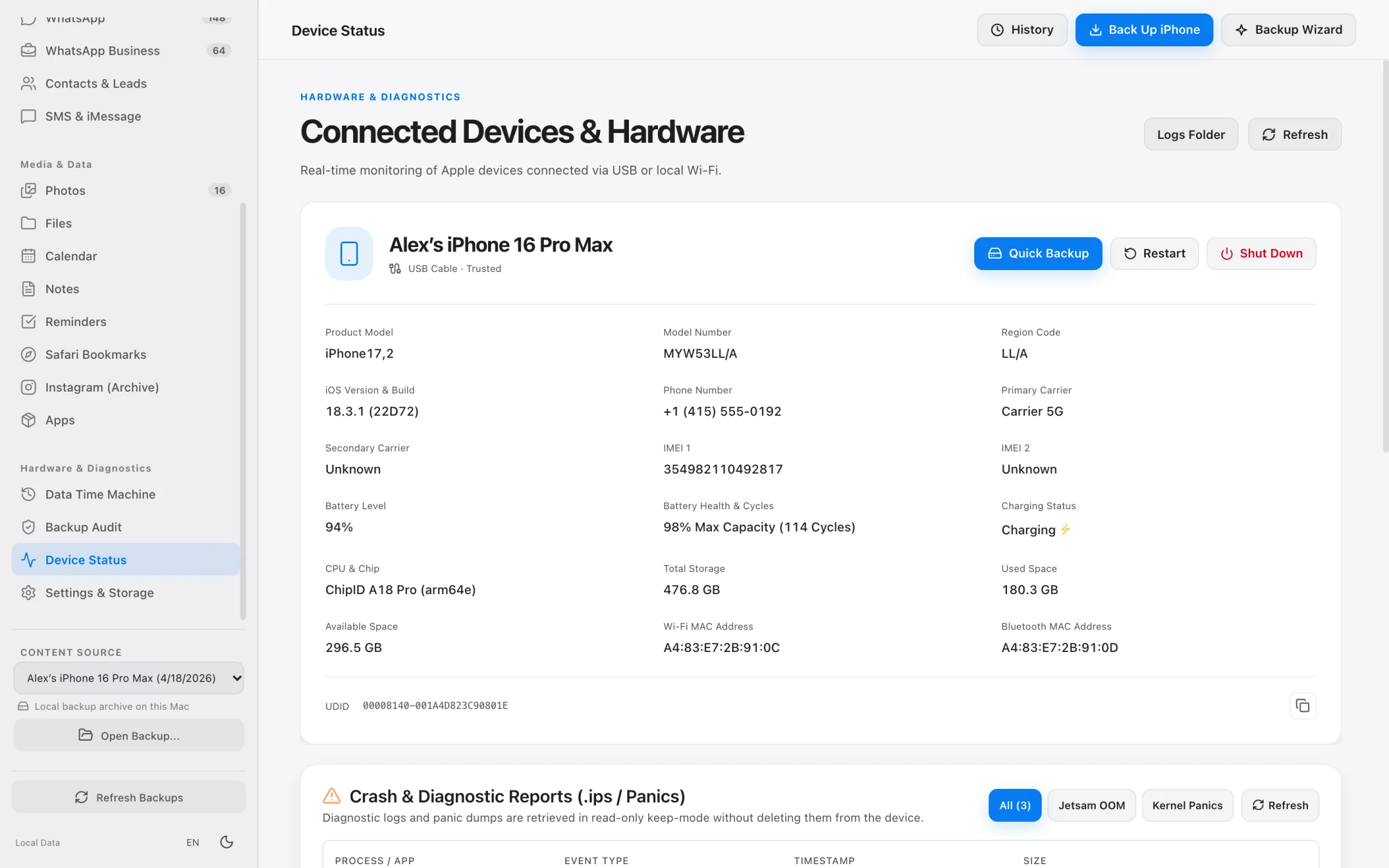 macOS üzerinde canlı sistem günlüğünü ve onaylı ağ yakalamayı gösteren iPhone Data Manager Profesyonel Tanılama ekranı