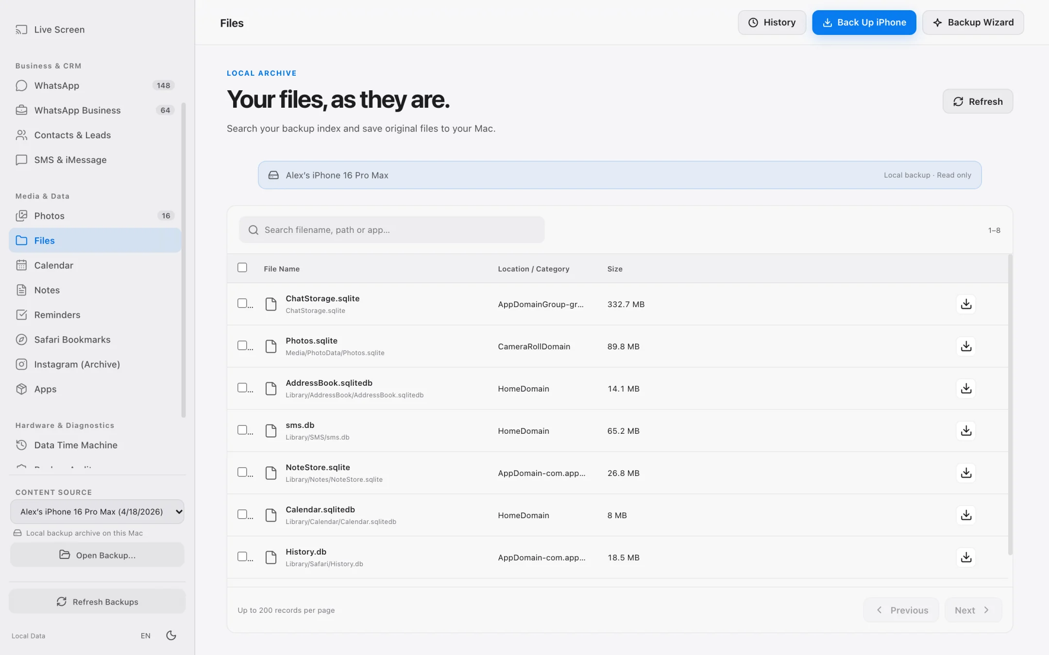 iPhone Data Manager file tree browser showing accessible iPhone folders and batch extraction