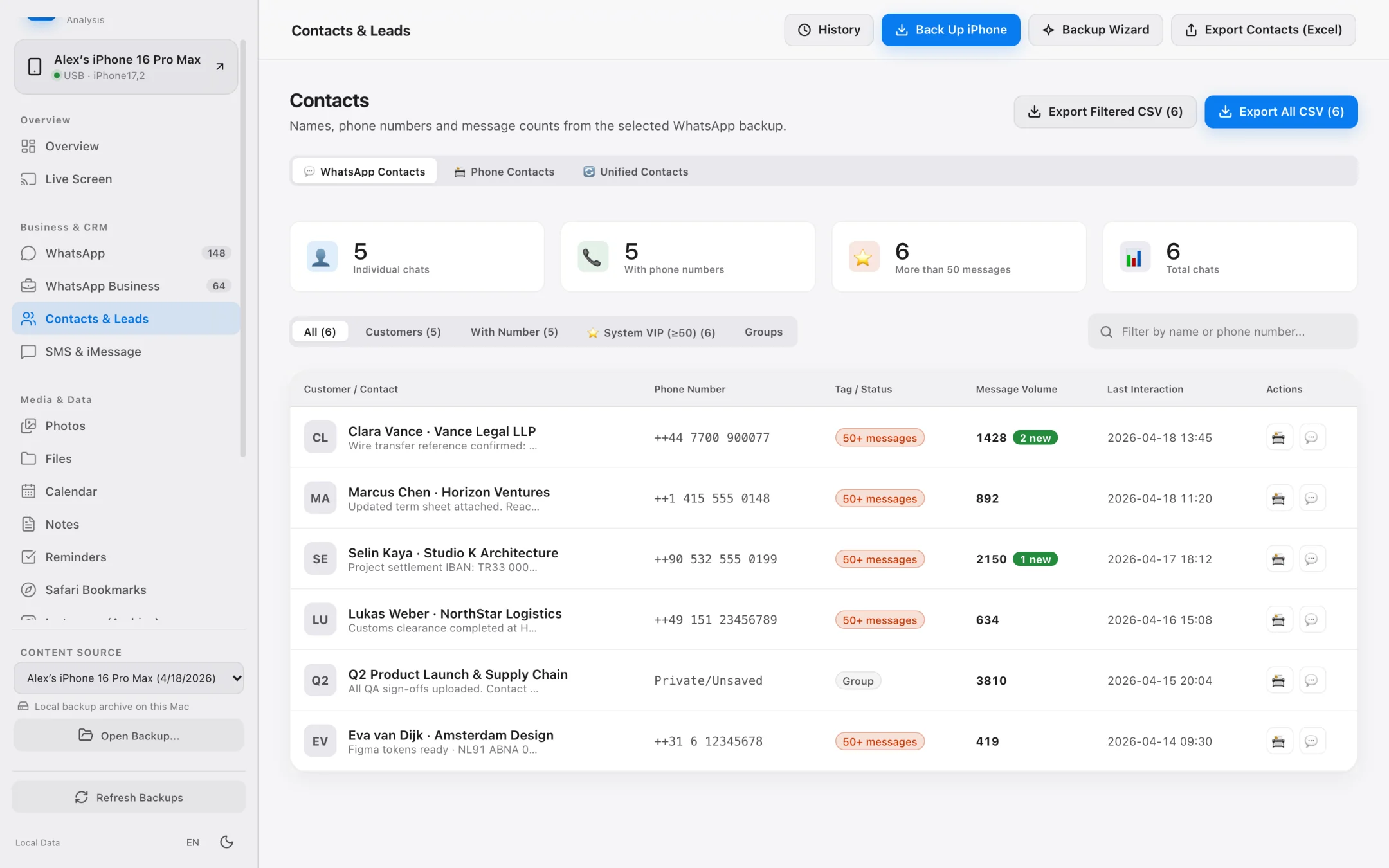 Contacts and extracted leads view with vCard 3.0 and CSV export controls