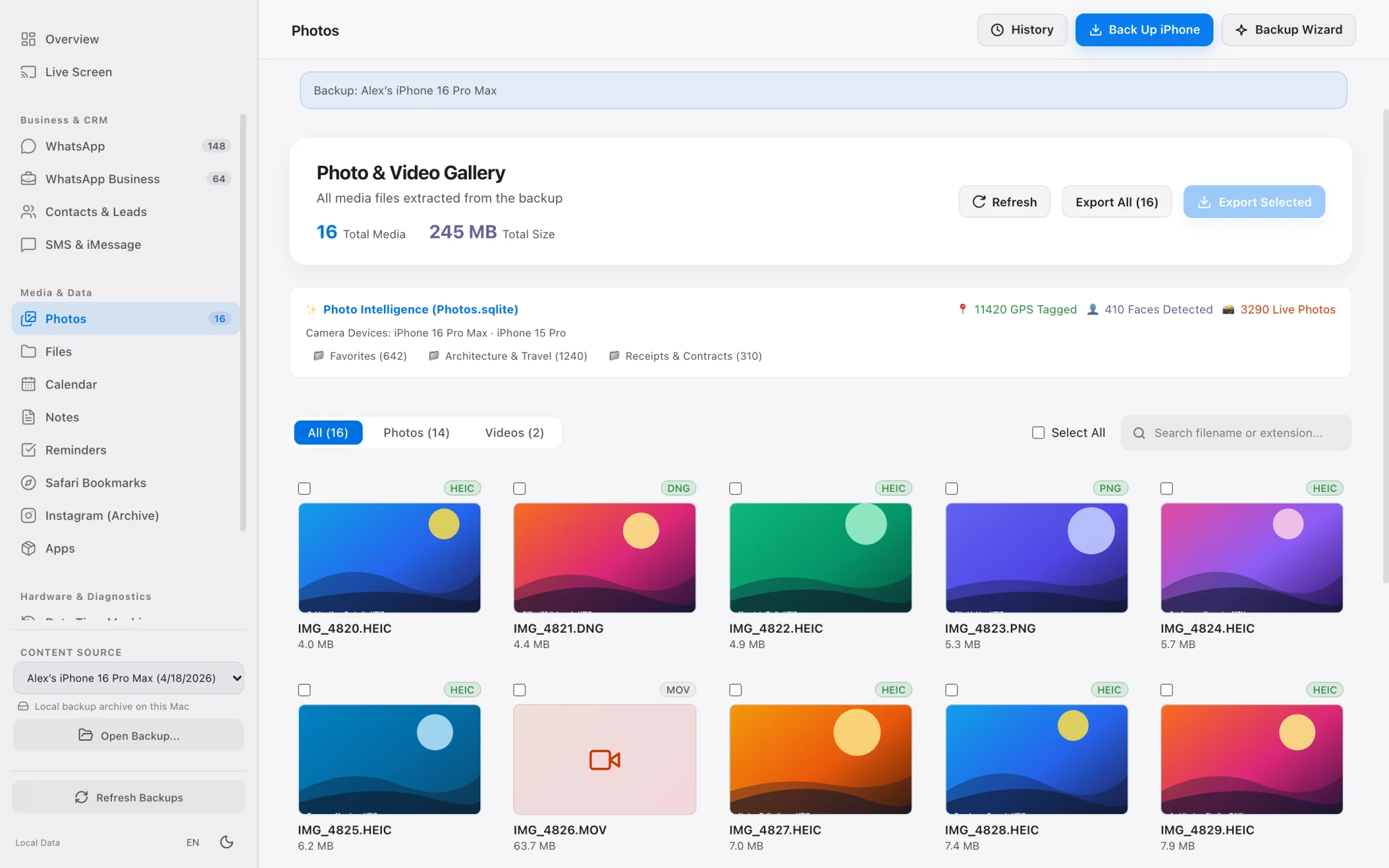 High-speed photo grid displaying selected file count and exact gigabyte export size