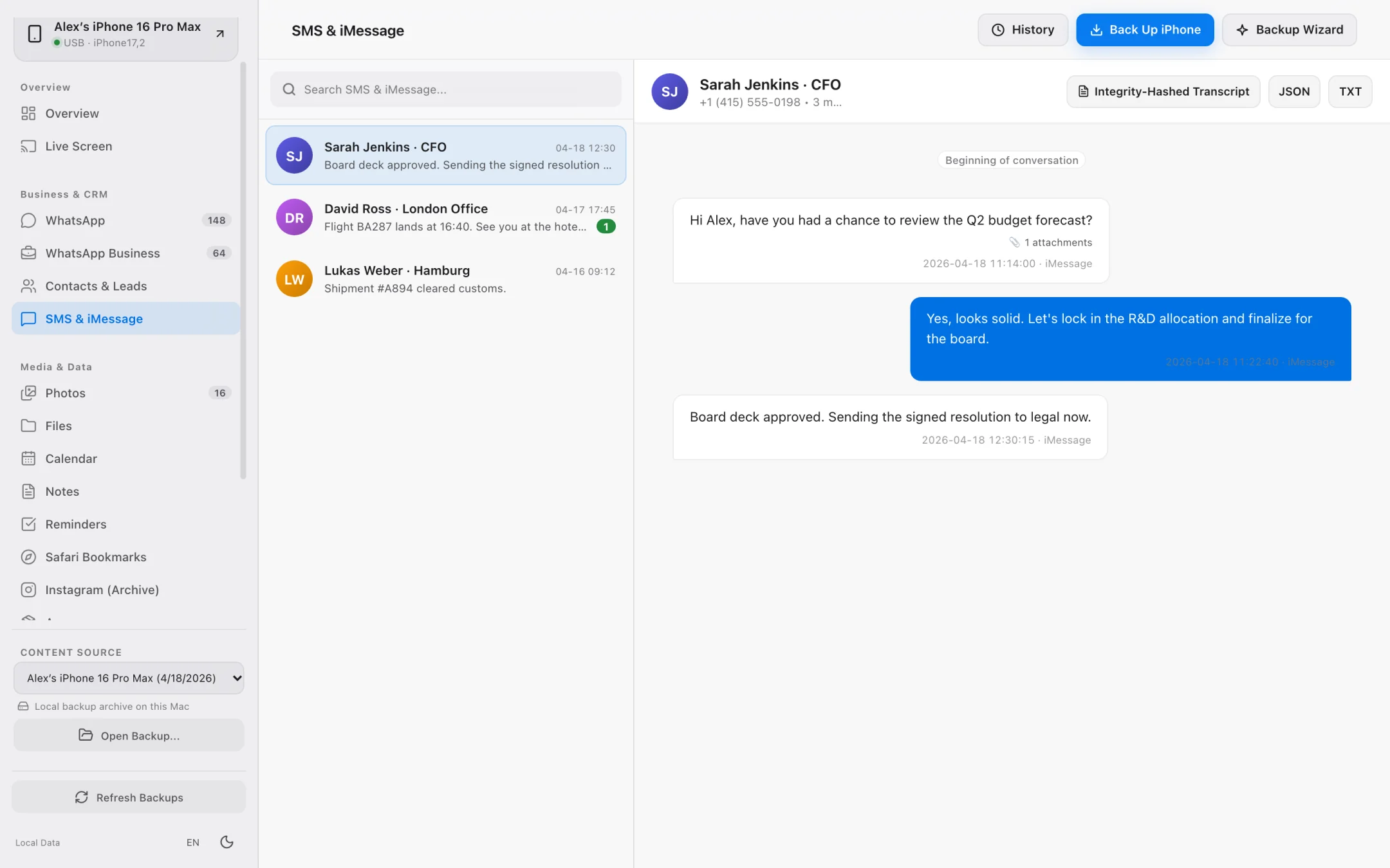 SMS and iMessage conversation browser with dedicated media attachment list