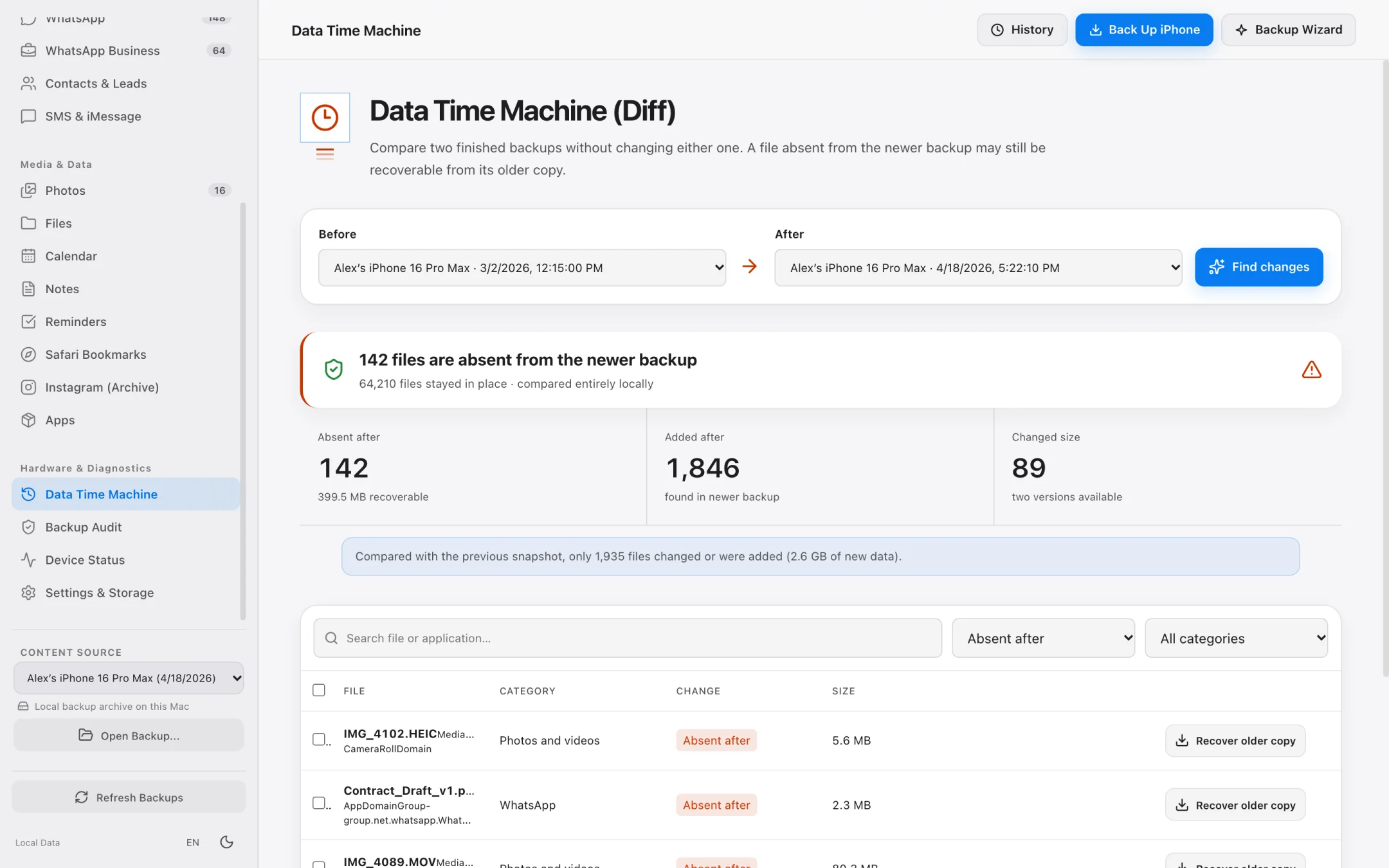 Data Time Machine comparing two local iPhone backups across dates