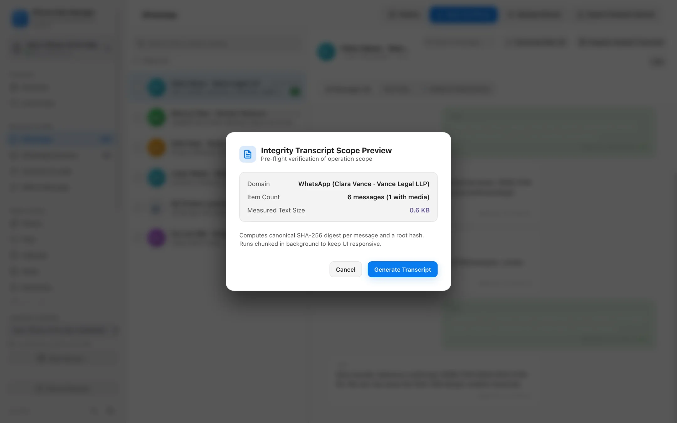 SHA-256 tamper-evident WhatsApp transcript header and verification hashes