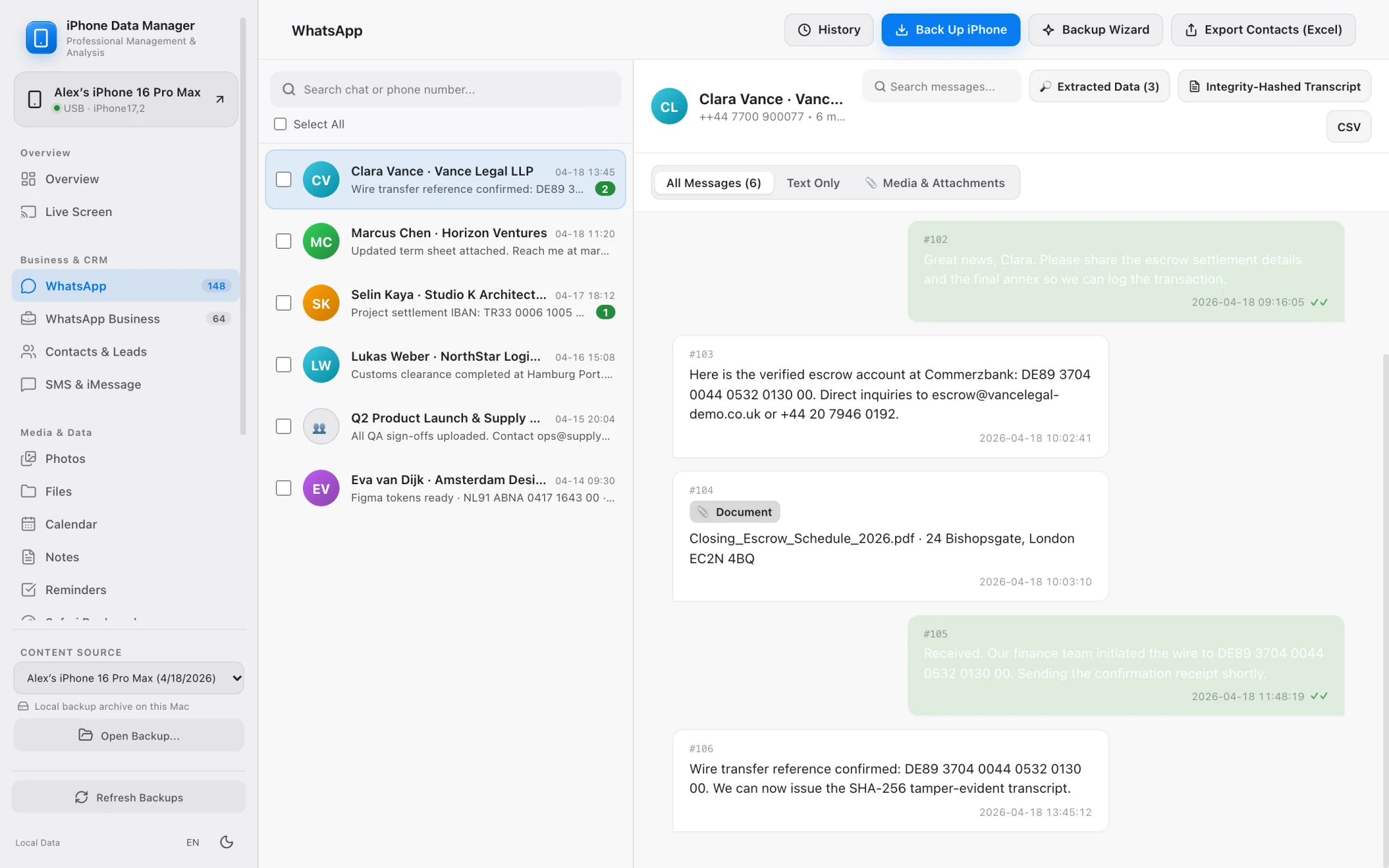 WhatsApp transfer options showing CSV export, lead extraction and SHA-256 PDF transcript